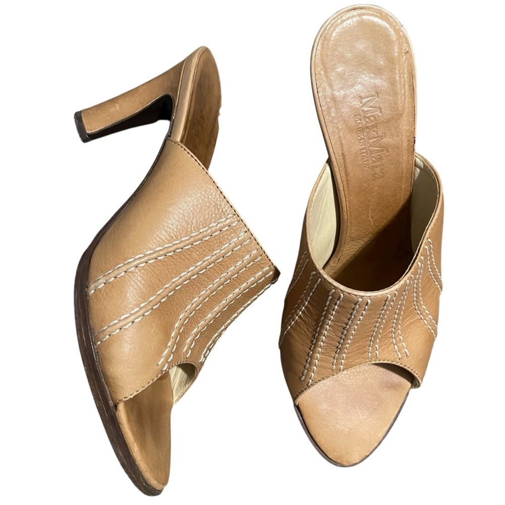 MaxMara Tan Song Top Stitch Slide Heels Size 6